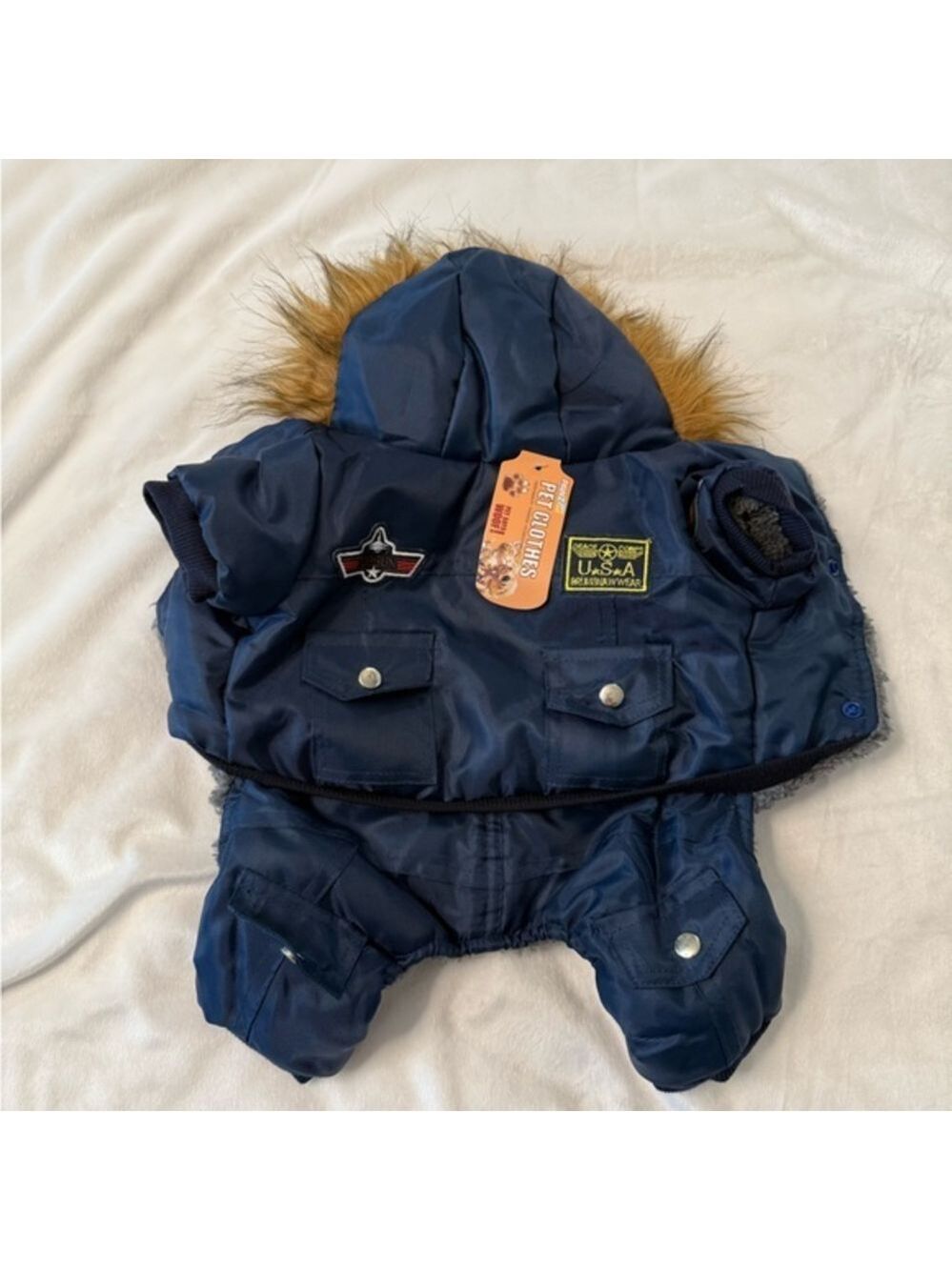Small Navy Blue Dog Jacket with Patches